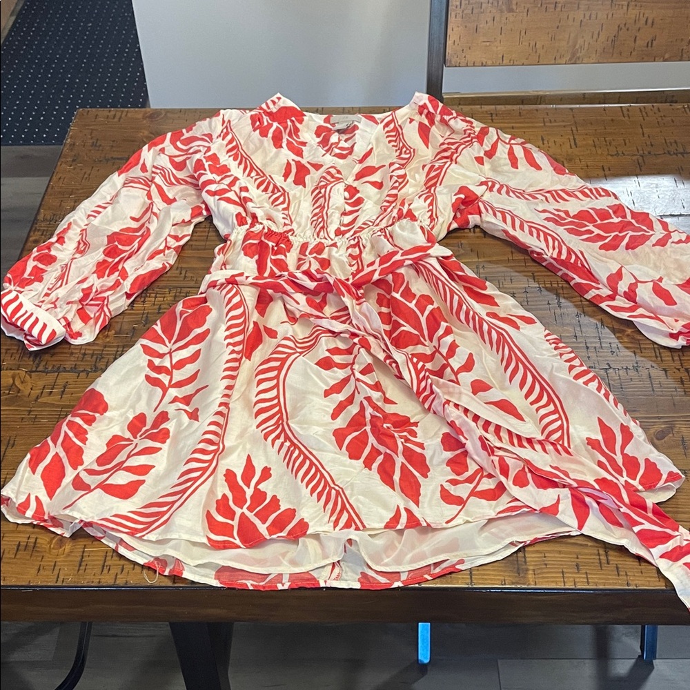 H&M Red and White Leaf Print Casual Dress